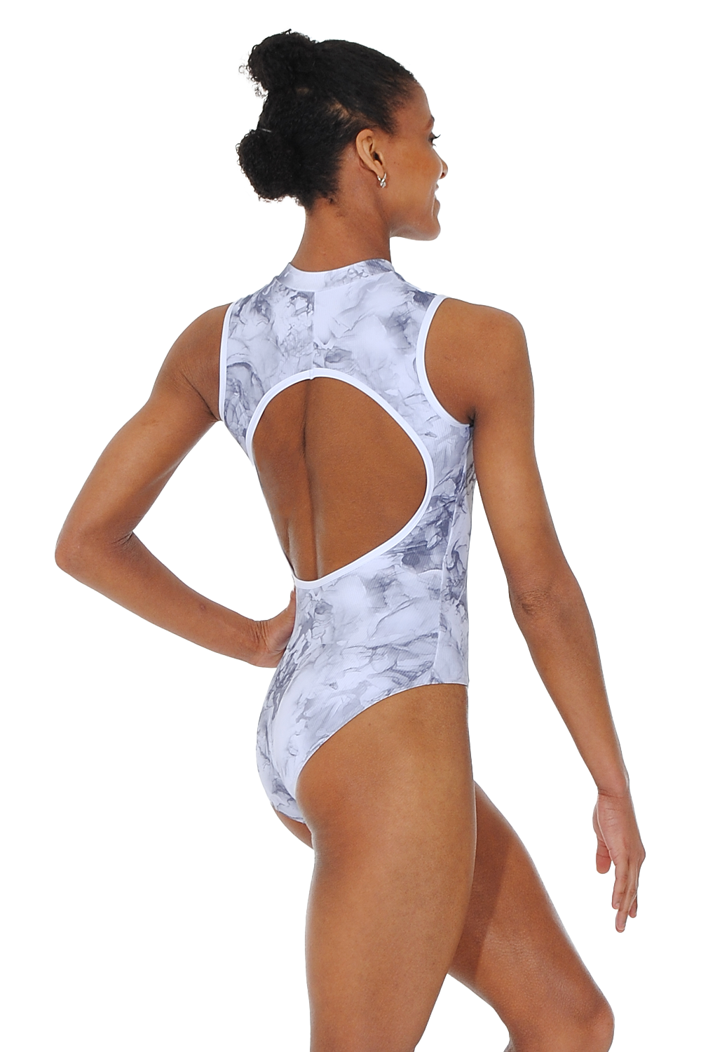 Mara Aura White High Neck Zip Front Leotard With Open Back